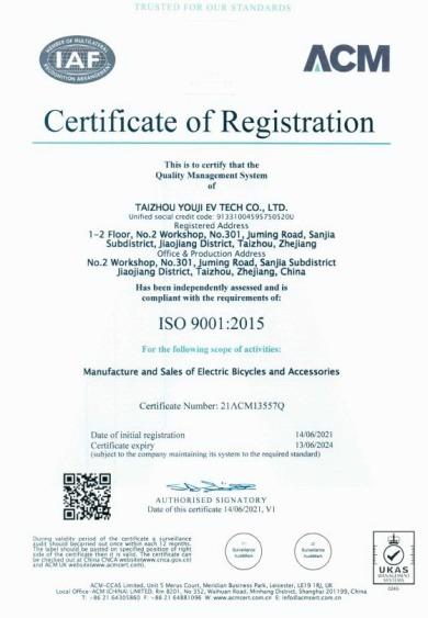 ISO9001 - Taizhou Youji Ev Tech Co., Ltd.