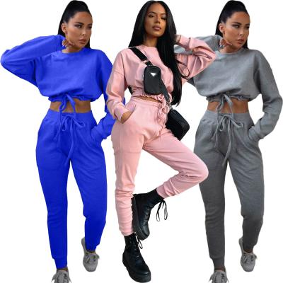 China Anti-pilling Anti-pilling Long Sleeve Drawstring Crop Tops Women's Cotton Striped Stitched Hooded Sweat Suits Pants Sets For Women for sale