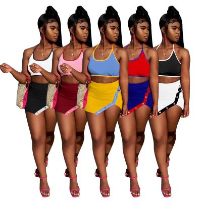 China W8101 custom fashion logo sleeveless anti-pilling vest women set button skirt summer outfits bodycon crop top women two piece sets for sale