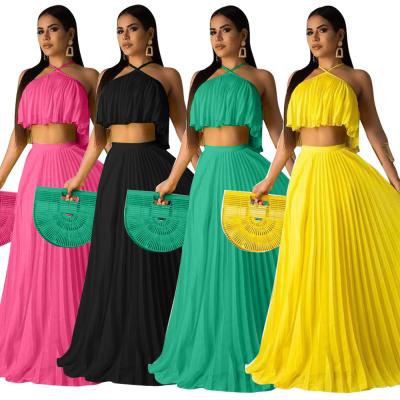 China Anti-pilling anti-pilling 2021 pleated bra and long maxi two-piece set high waisted summer two-layer fabric 2 through skirt popular dresses for sale