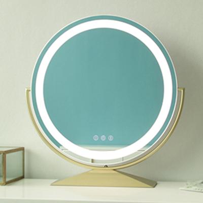 China Beauty Salon Lighted Cosmetic Mirrors Led Lighted Vanity Makeup Mirror With Metal Stand Dresser Tri Color Mirror for sale