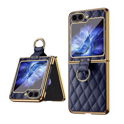 China QuanDe Shockproof for Samsung z Flip 5 Ring Phone Case Creative Case Screen Protector Plain Leather Z Flip5 Case for sale