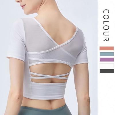 China OEM Sports Crop Yoga Women Fitness Mesh Back Cross Strap Slim Workout Top Elastic Breathable Vest Sports Running T-Shirt for sale