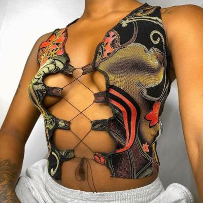 China OEM 2020 Breathable Crop Tank Top Autumn Winter Women Fashion Streetwear Sleeveless Digital Printed Sexy Club Cut Out Crop Tops for sale