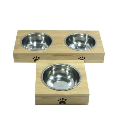 China Sustainable Wholesale Custom Bamboo Dog Bowl Stainless Steel Cat Pet Dog Bowl for sale