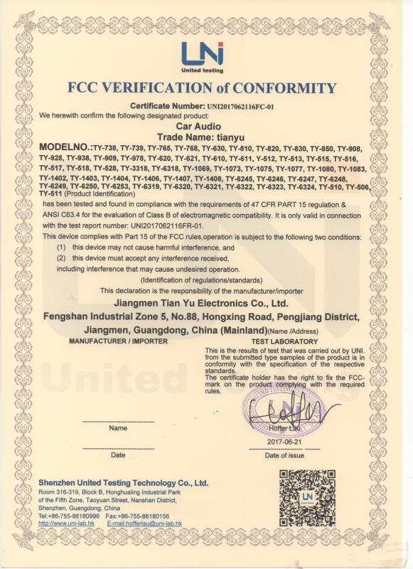 FCC - Jiangmen Tianyu Electronics Co., Ltd.