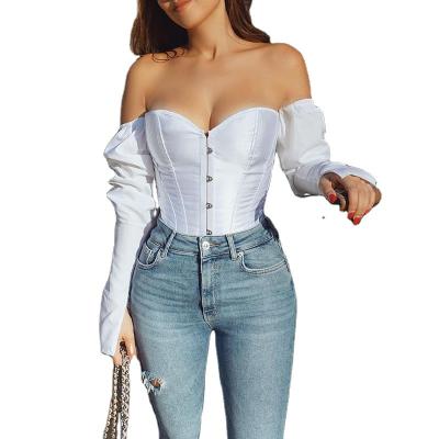 China Anti Shrink New Solid Color One Shoulder Full Women Blouses Waist Tie Halter Long Sleeved Top For Women for sale