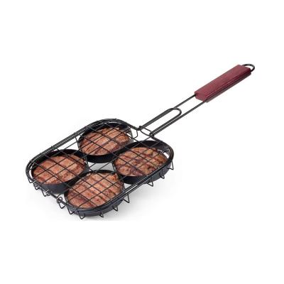 China Sustainable 4 Burgers Grill Basket With Locking Handle For Outdoor Stainless Steel Meat Net Grilled BBQ Grill Accessories Set Tool Kit for sale