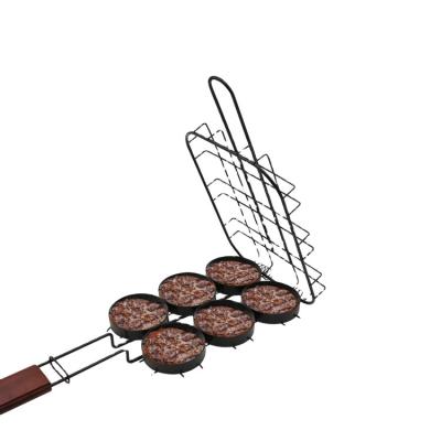 China Six Sustainable Wooden Burgers Handles Stainless Steel Nonstick Mesh Cuts Large Meat Grill Basket Barbecue Tool Utensil for sale