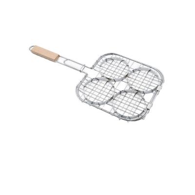 China Durable Wooden Handle Heat Insulation Round Stainless Steel Steak Burger Meat Seafood Grilled Shellfish Grilled BBQ Net Tools for sale