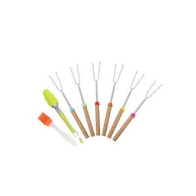 China Viable Colorful Stainless Steel Marshmallow Roasting Sticks Skew Rotary Wooden Handle Mini Food Tong BBQ Fork Tool and Sauce Brush for sale