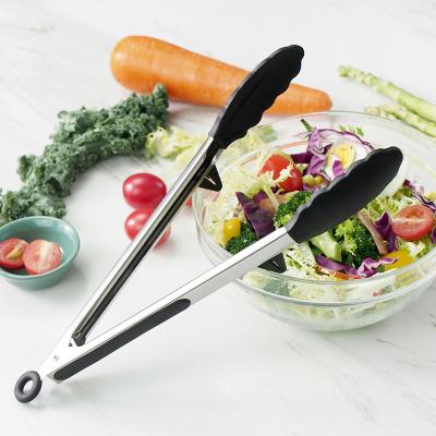 China Durable Silicone Tongs 12 Inch Stainless Steel BBQ Tongs Kitchen Grilling Salad Frying Serving Locking Food Tongs for sale