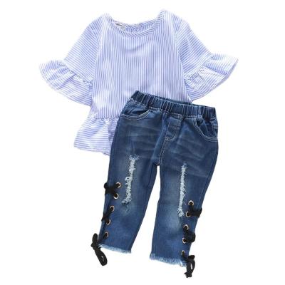 China 1482 Casual Summer Toddler Clothing Set Baby Clothes Ruffle Blouses T-shirt Tops+Denim Pants Jeans 2pcs Set Infant Striped for sale