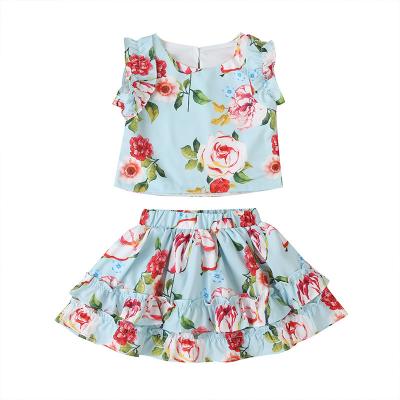 China 595 Kids Summer Beach Casual Clothing Toddler Baby Clothes Sleeveless Ruffled T-shirt Tops Flower Print Skirts Outfits 2pcs Sets for sale