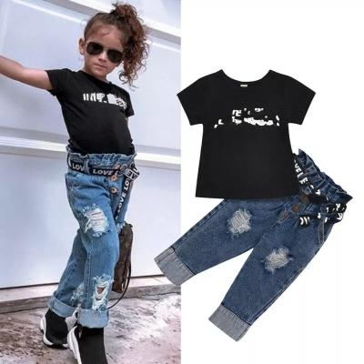 China 1101 Summer Toddler Baby Kids Casual Letter Sportswear Sets Tops Short Sleeve T-shirt Denim Pants Jeans 2PCS Outfits Clothing for sale