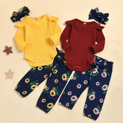 China 3015 Breathable Autumn Newborn Baby Girls 3 PCS Clothes Outfit Set Romper Long Sleeve Ruffle Tops+Flower Hair Band Dress Set for sale