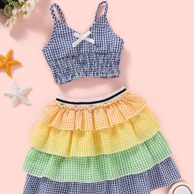 China Breathable 3352 Summer Kids Baby Clothes Sleeveless Off The Shoulder Top Culture +Layered Cake Skirt Kids Girls Outfits Clothing Set for sale