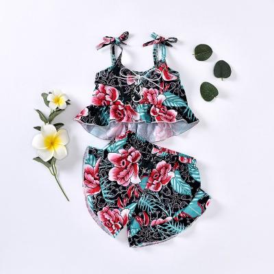 China LYC-3424 Summer Casual Newborn Baby Kids Floral Clothes Sets Sleeveless Belt Tops Shorts Pants Outfits Clothes for sale