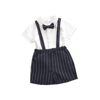 China 558 Summer Toddler Baby Boy Formal Cotton Dressing Set Shirt Bow Tie +Suspenders Belt Striped Shorts Kids Formal Gentleman Birthday Suit for sale