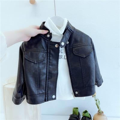 China Winter Baby PU Leather Jacket Spring lyc-3380 Autumn Kid Boy Breathable Lapel Button Cardigan Coat Girls Black Soft Leather Jacket for sale