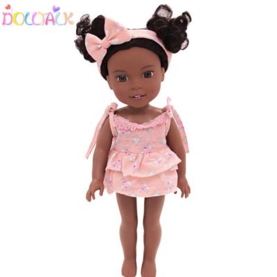 China Doll Clothes Amazon Hot Selling 14 Inch American Doll Pink Toss Short Skirt Hair Tie Set Doll Dress for sale