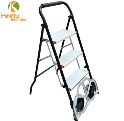 China Multi Function 176Lbs With Two Wheels 3 2 Step Ladder Hand Truck Aluminum Folding Stools 330Lbs Heavy Duty Portable Ladder Cart for sale