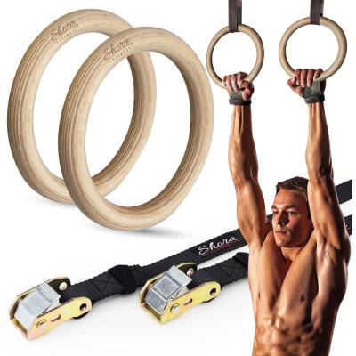 China Portable Reusable Wooden Gymnastic Rings Birch Wood Gymnastic Rings With Adjustable Numbered Straps for sale