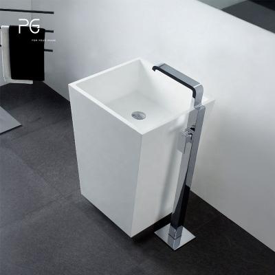 China Eco-friendly Caststone PG Square Pedestal Washbasin Solid Outdoor Artificial Stone Floor Standing Sink Hand Basin Stand Down Bathroom Sink for sale