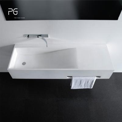 China Solid Exterior Rectangular Artificial Stone Wall Hanging Wall Hung PG Caststone Countertop Wash Basin Basins High Quality Eco-Friendly Long for sale