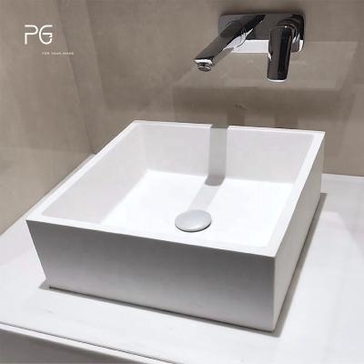 China Eco-Friendly Modern Bathroom Vanities Solid Surface PG Caststone Countertop Basin Sinks Square Artificial Stone Wash Basins Table Top Basins for sale