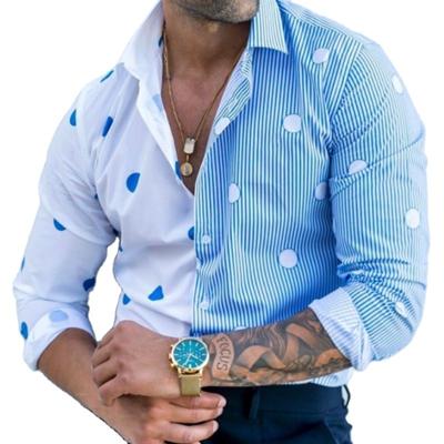 China New viable fashion design patchwork blouse men loose cotton long white and blue shirt male casual shirts for sale