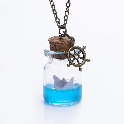 China TRENDY new fashion current bottle and rudder and paper design resin boat plain antique copper plated women's daily necklace for sale