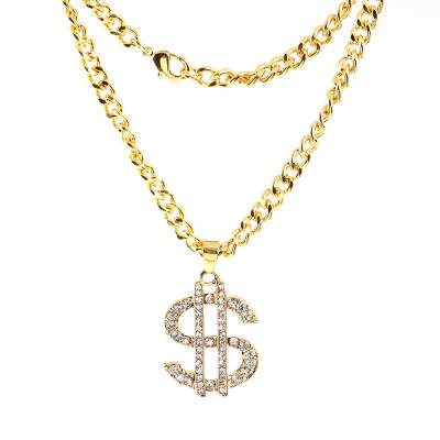 China Trendy Design Symbol Design Men's Wide Crystal Diamond Hiphop Dollar Party Necklace Set Gold Plated Chain for sale