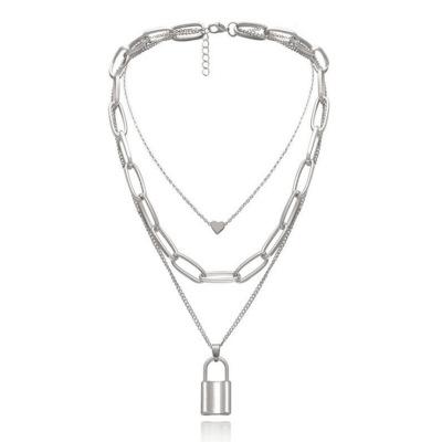 China Hiphop Heart Lock Chain Necklace, Egirl Chains, Statement Lock Key Necklace Pendant Silver Set Eboy Multilayer Long Chains Punk Choker for sale