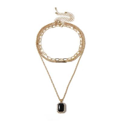 China TRENDY Square Layered Circle Pendant Black Crystal Design Wide Chain Gold Plate Fashion Necklace For Women for sale