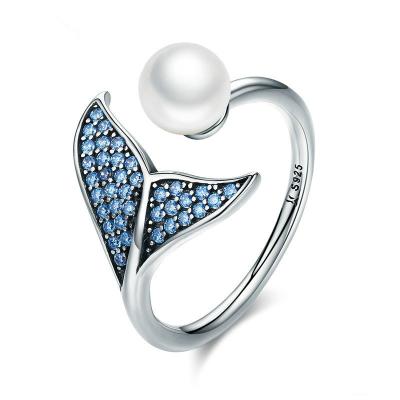 China TRENDY Women's S925 Sterling Silver Open Diamond Ring Fashion Mermaid Foam Pearl Ring for sale