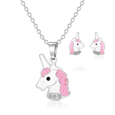 China FASHIONABLE Pink Unicorn Stud Earrings and Necklace With Safe Screwback For Lovely Kids Jewelry for sale