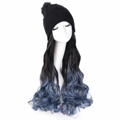 China Autumn And Winter Wool Knitted Gradient Wave One Piece High Temperature Color Large Long Curly Hair Synthetic Fiber Wig Cap for sale