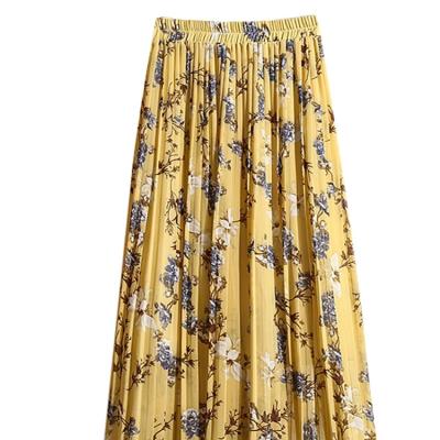 China Sustainable Fashion Seoulish Vintage Floral Printed Tulle Pleated A Mid Women Long Skirts High Waist 2022 Female Chiffon Umbrella Skirts Spring for sale