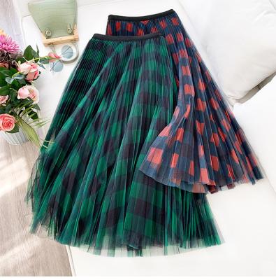 China Viable Long Plaid Tulle Skirt Tutu Shirts Women Fashion Summer Elegant A Line High Waist Pleated Maxi Skirt Female Ladies Green Checked for sale