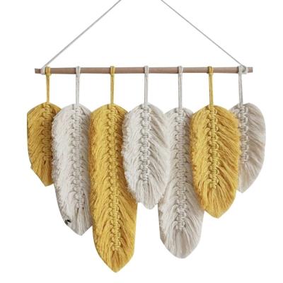 China Contemporary Handmade Woven Macrame Wall Hanging Feather Cotton Leaves Living Room Headboard Door Porch Wall Hanging Boho Decor Wall Tapestry for sale