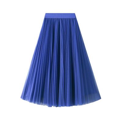 China Spring Summer Korean Anti-Static Skirt Fashion 3 Layer Blue Mesh Tulle Women Red Midi Long High Waist Pleated A Line Skirt Female One Waist for sale