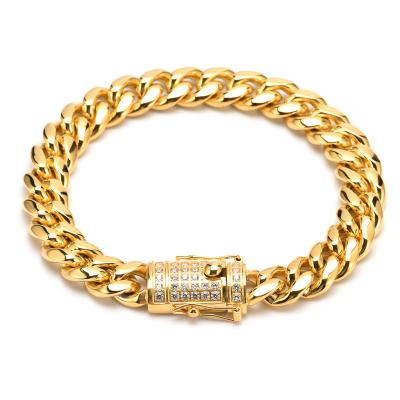 China CLASSIC Mens Stainless Steel Bracelets 18K Zircon Button Cuban Link Chain Bracelet Luxury Gold Plated Single Bracelet for sale