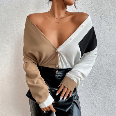 China Anti-pilling Blouse For Elegant Women Tops,Ladies Contrast Stitching Modest Women'S Chiffon Tops And Blouses Shirts for sale