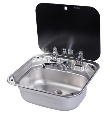 China Dometic Style Car RV Caravan Stainless Steel Hand Wash Basin Sink With Tempered Glass Lid 420*370*145mm for sale