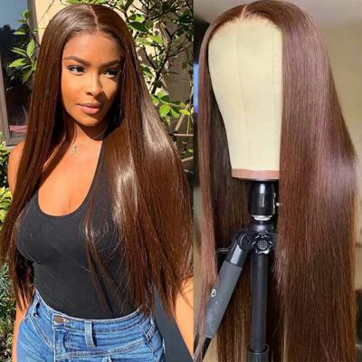 China Straight Deep Wave Human Hair Wigs For Women Brown Color Straight T Piece Lace Wig for sale