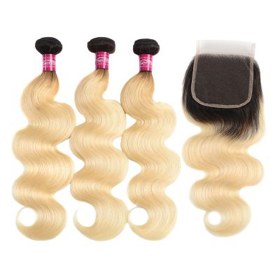 China 100% Brazilian Body Wave 1B 613 Soft Straight Thick Vendor Hair Barely Shedding Bundles With Closure 4x4 Ombre Ear To Ear Headband for sale