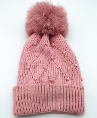 China COMMON customized lovely girl knitted hot pink color with pom pom beanie hat for kids for sale