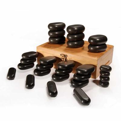 China Hot Selling Professional High Quality Black Body Mt Basalt Energy Massage Stone Set Spa Stone Set Hot Stone Set With Bamboo Box for sale