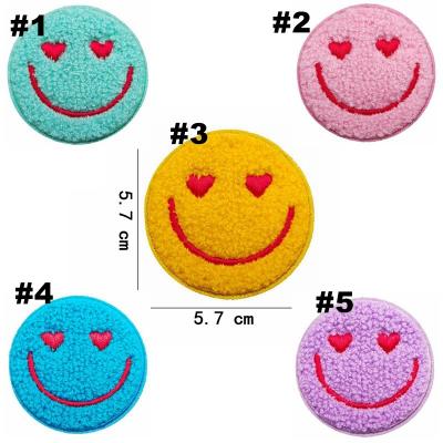 China Sustainable ZSY Hot Sales Clothes Patches Embroidered Chenille Patches Polyester Iron-on Happy Face Smile Chenille Patch for sale